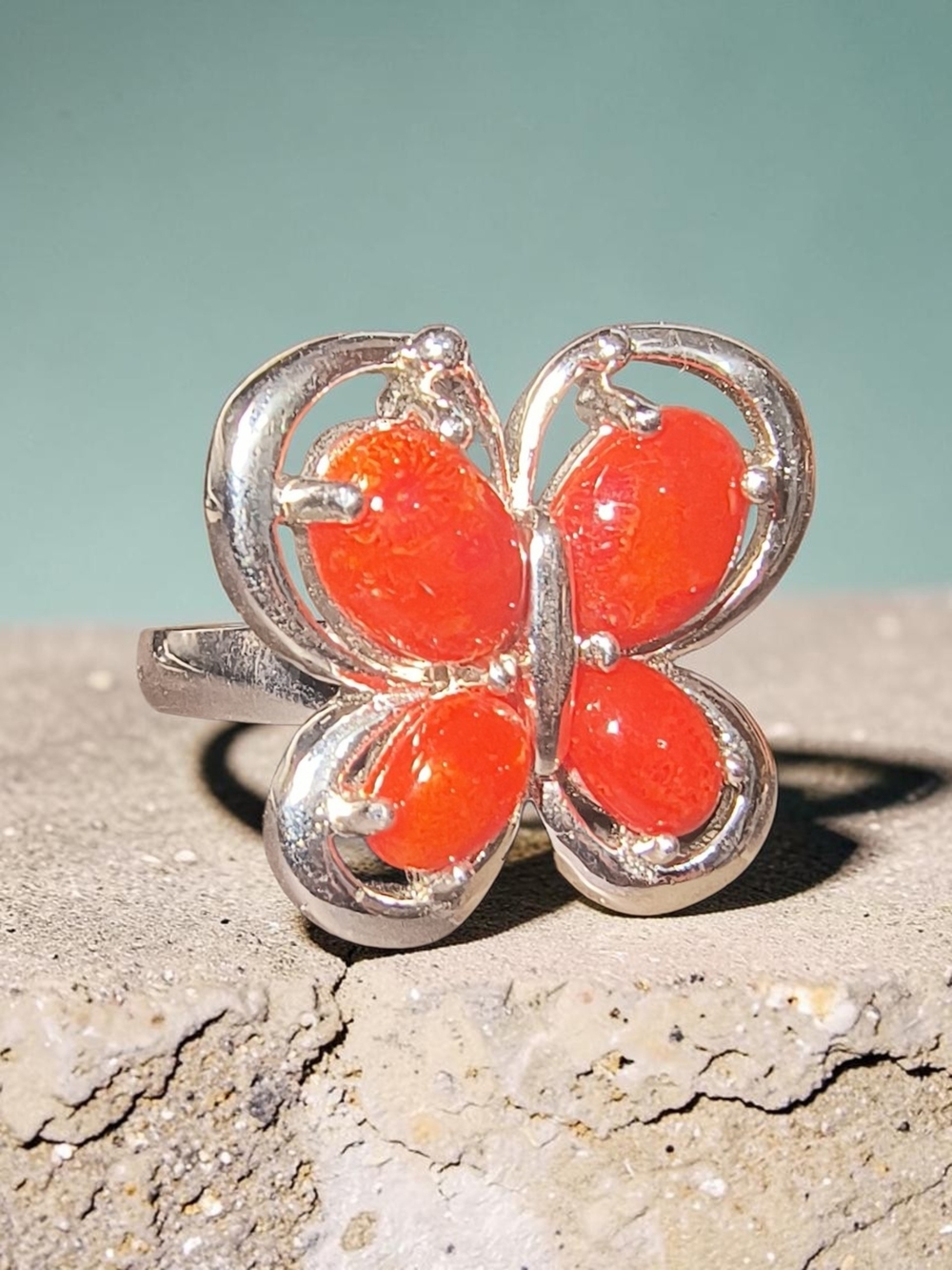 Sterling Silver Butterfly Ring with Orange-Red Sponge Coral Cabochons Brand New